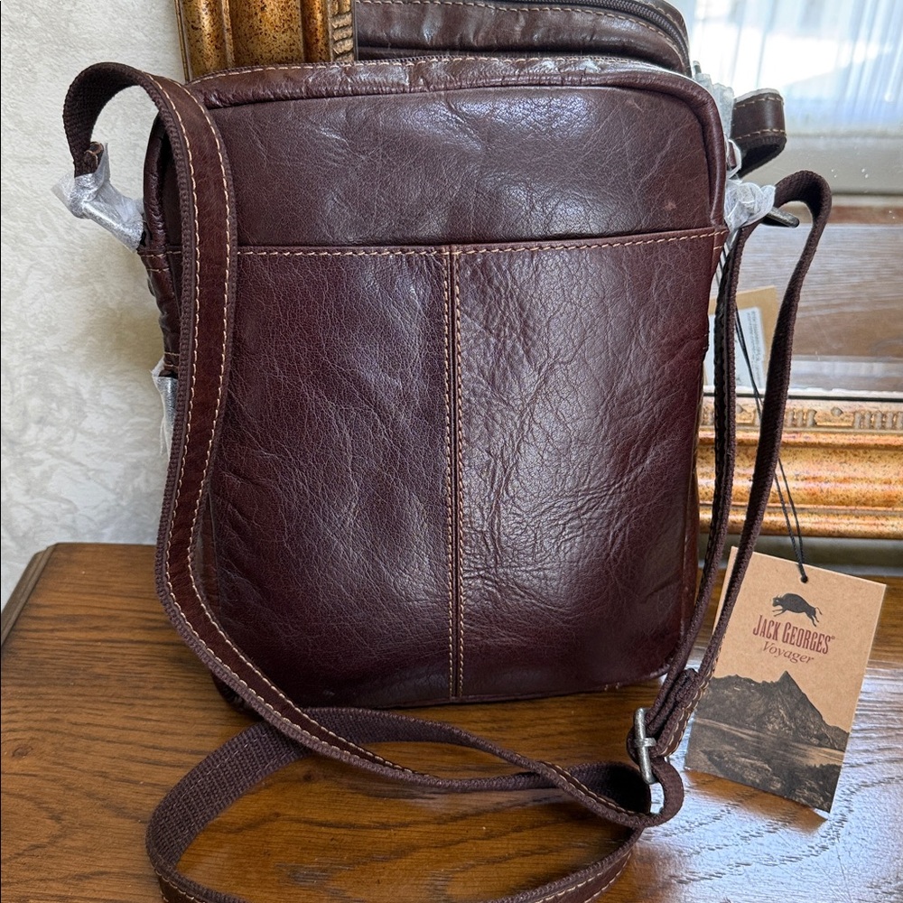 Men's/Unisex Jack George’s Brown Leather zippered Crossbody Bag w/Ft Zip Pocket. - Picture 13 of 15